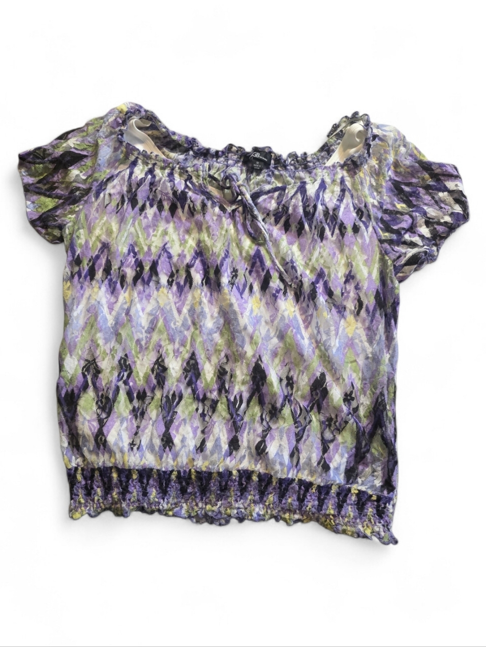 AGB Purple, Green and White  Patterned Sheer/ Lace Blouse Smocking Electic Waist